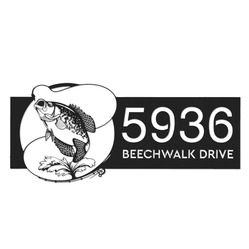 Custom Metal Crappie fishing rod bait hook Metal Address Sign, House number, Outdoor Number Signage, Yard Sign Address Plate