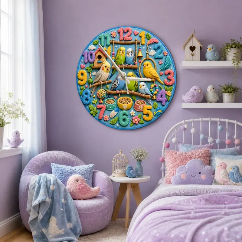 Playful Pet Birds and Parakeets Kids Room Wall Clock