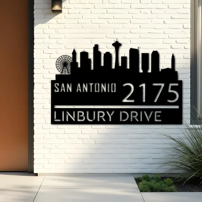Custom Metal San Antonio city skyline Metal Address Sign Hanging Address Plaque house number Yard Outdoor Sign