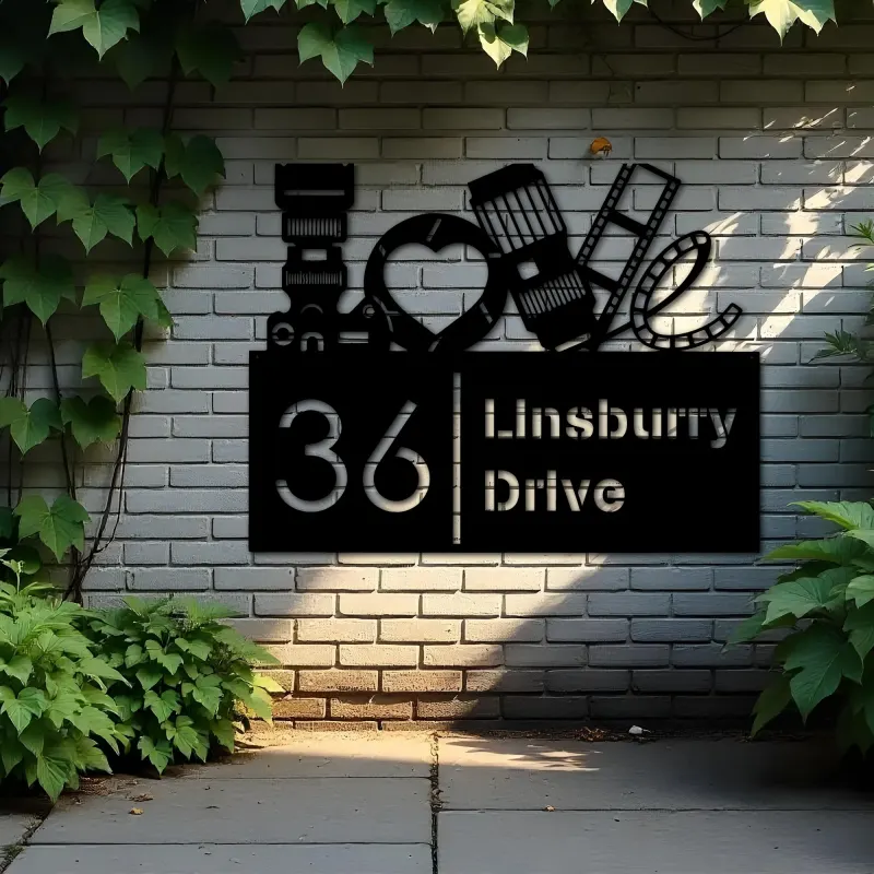 Custom Metal Love Photography Camera Photographer Metal Address Sign, House number, Outdoor Number Signage, Yard Sign Address Plate