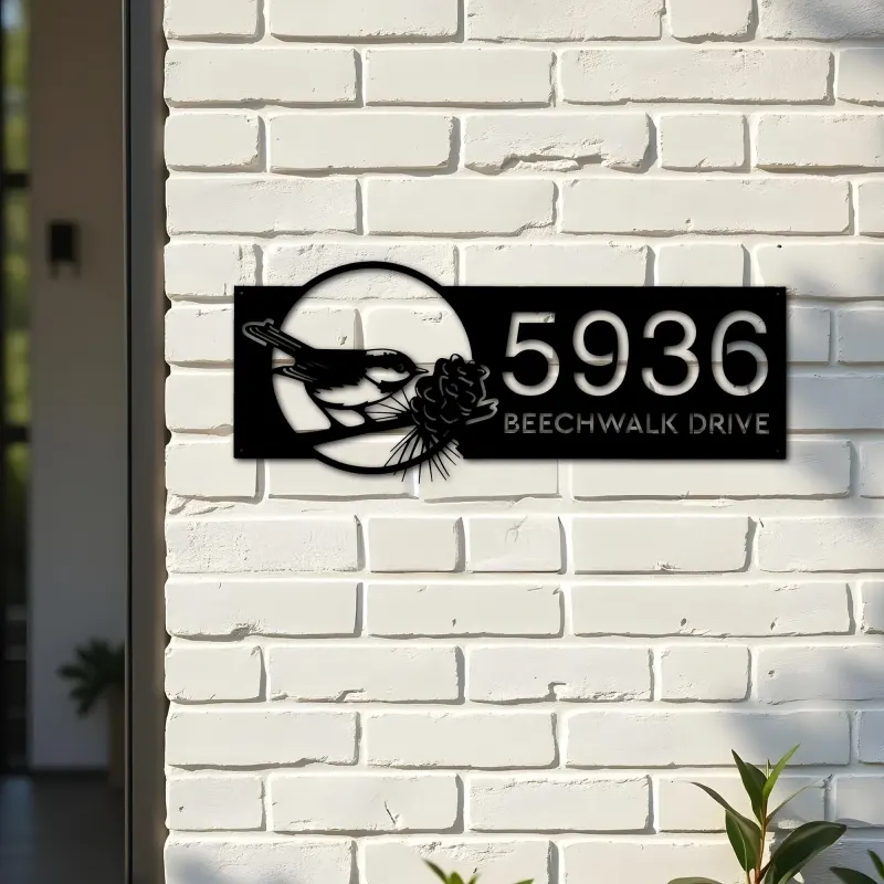 Custom Metal Bird with pinecone Metal Address Sign, House number, Outdoor Number Signage, Yard Sign Address Plate