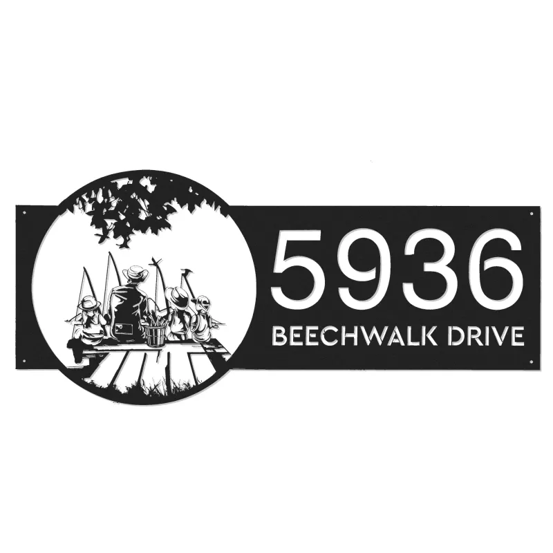 Custom Metal Dad and children go fishing Metal Address Sign Custom House number Hanging Address Plaque Yard Sign Outdoor