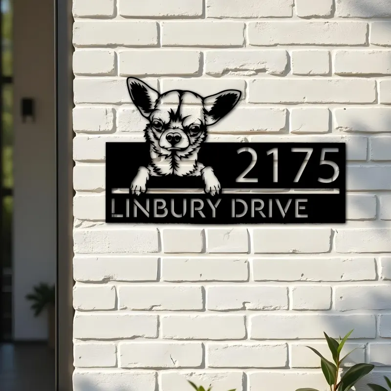 Custom Metal Chihuahua dog Puppy Metal Address Sign House number Hanging Address Plaque Yard Sign Outdoor decor