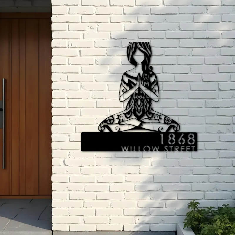 Custom Metal Yoga Girl in hippie style Metal Address Sign, House number, Outdoor Number Signage, Yard Sign Address Plate