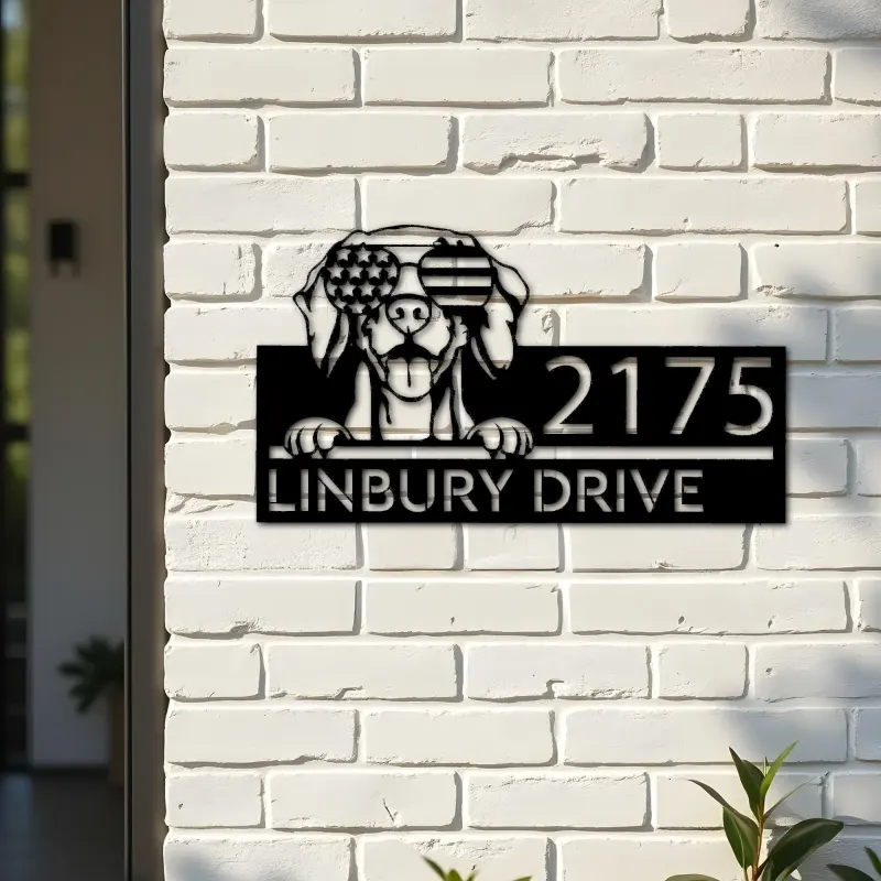 Custom Metal Weimaraner dog US flag glasses Metal Address Sign House number Hanging Address Plaque Yard Sign Outdoor decor