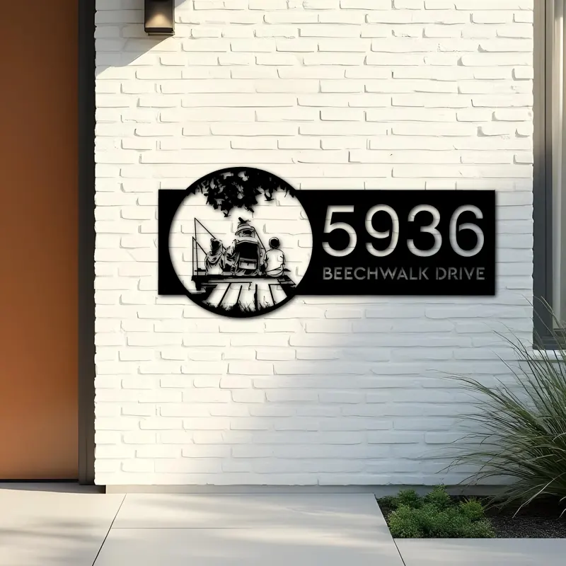 Custom Metal Father and 2 sons go fishing Metal Address Sign Custom House number Hanging Address Plaque Yard Sign Outdoor