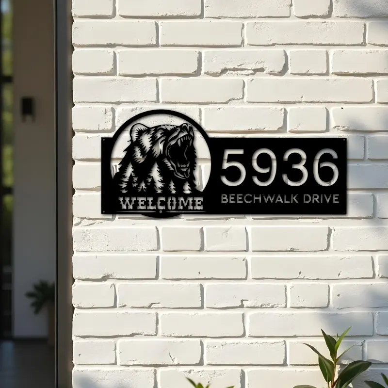 Custom Metal Bear forest scene wild life animal welcome Metal Address Sign, House number, Outdoor Number Signage, Yard Sign Address Plate
