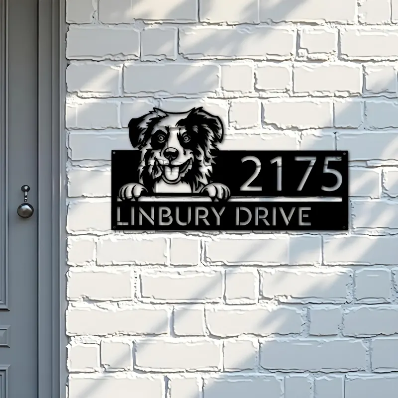 Custom Metal Australian Shepherd dog cute puppy Metal Address Sign House number Hanging Address Plaque Yard Sign Outdoor decor
