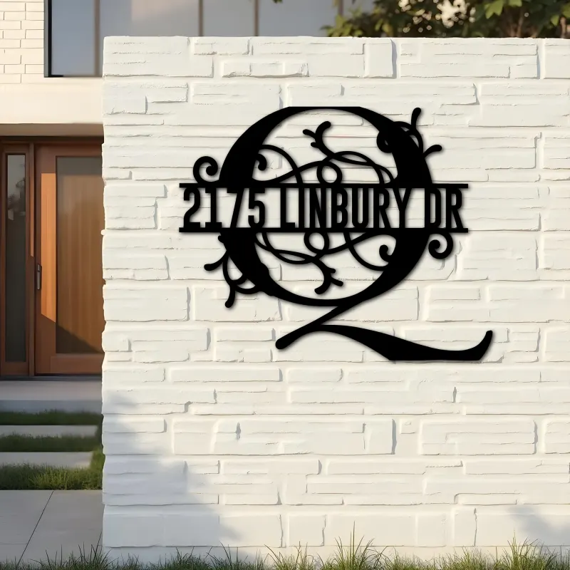 Custom Metal Floral Monogram Split Letter Q Metal Address Sign House number Hanging Address Plaque Yard Sign Outdoor decor