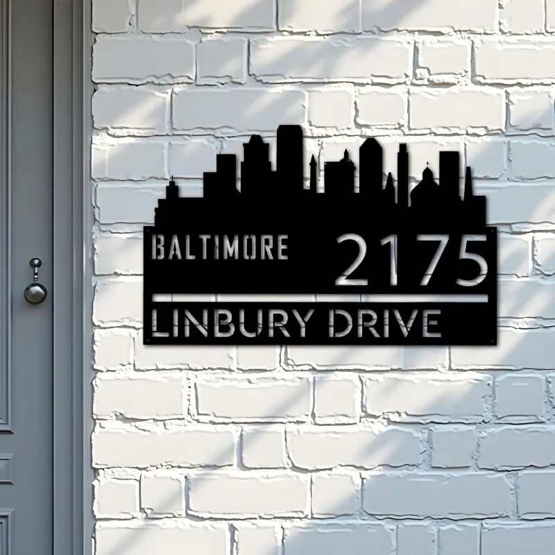Custom Metal Baltimore city skyline Metal Address Sign Hanging Address Plaque house number Yard Outdoor Sign