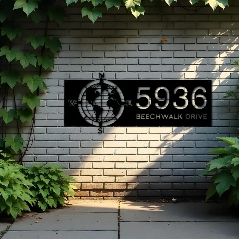 Custom Metal Compass globe world map Metal Address Sign, House number, Outdoor Number Signage, Yard Sign Address Plate