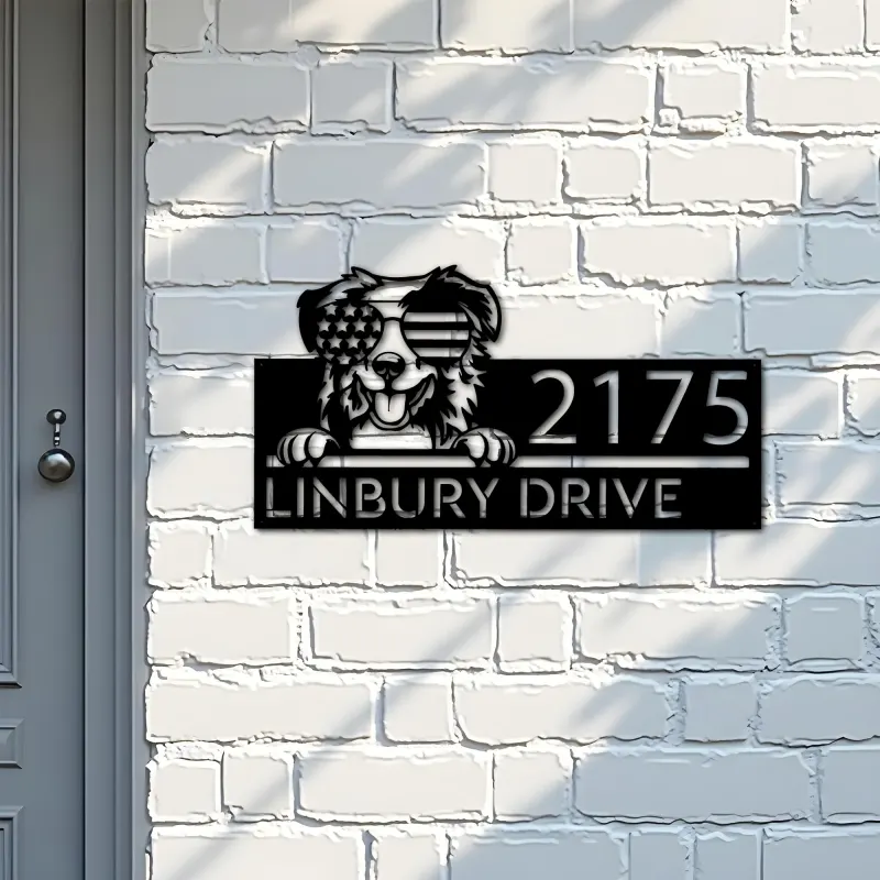 Custom Metal Australian Shepherd dog US glasses Metal Address Sign House number Hanging Address Plaque Yard Sign Outdoor decor