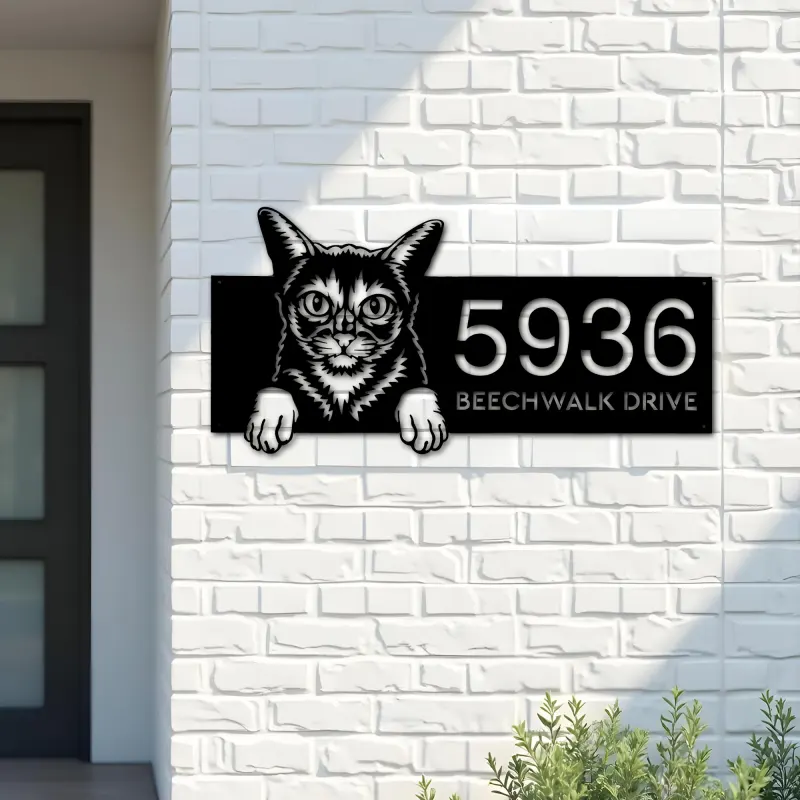 Custom Metal Abyssinian Cute peeking cat kitten Metal Address Sign, House number, Outdoor Number Signage, Yard Sign Address Plate
