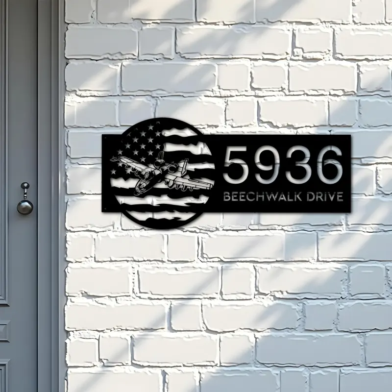 Custom Metal A 10 airplane US flag Metal Address Sign House number Hanging Address Plaque Yard Sign Outdoor