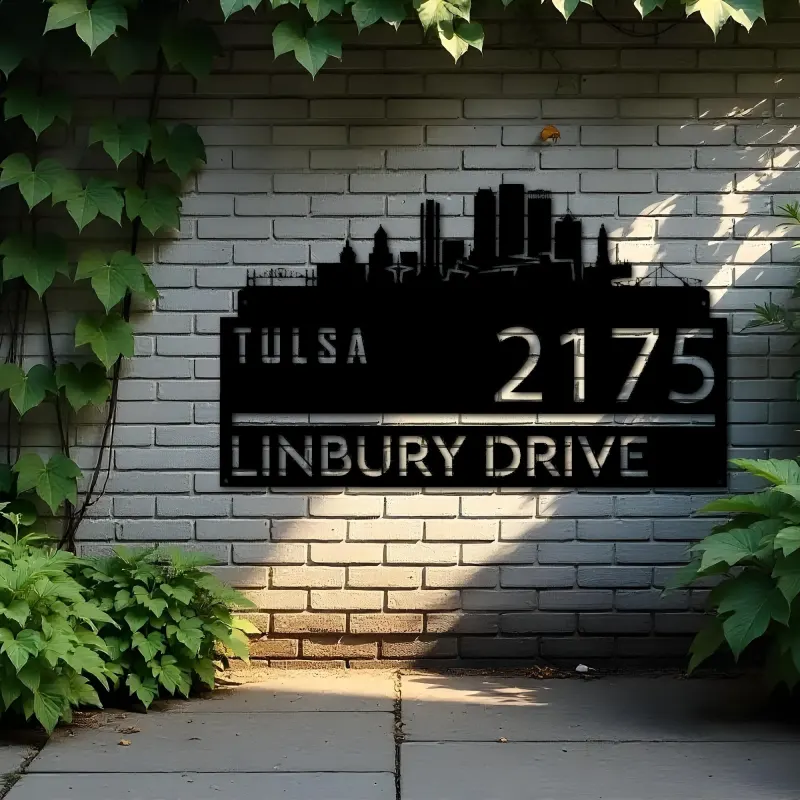 Custom Metal Tulsa city skyline Metal Address Sign Hanging Address Plaque house number Yard Outdoor Sign