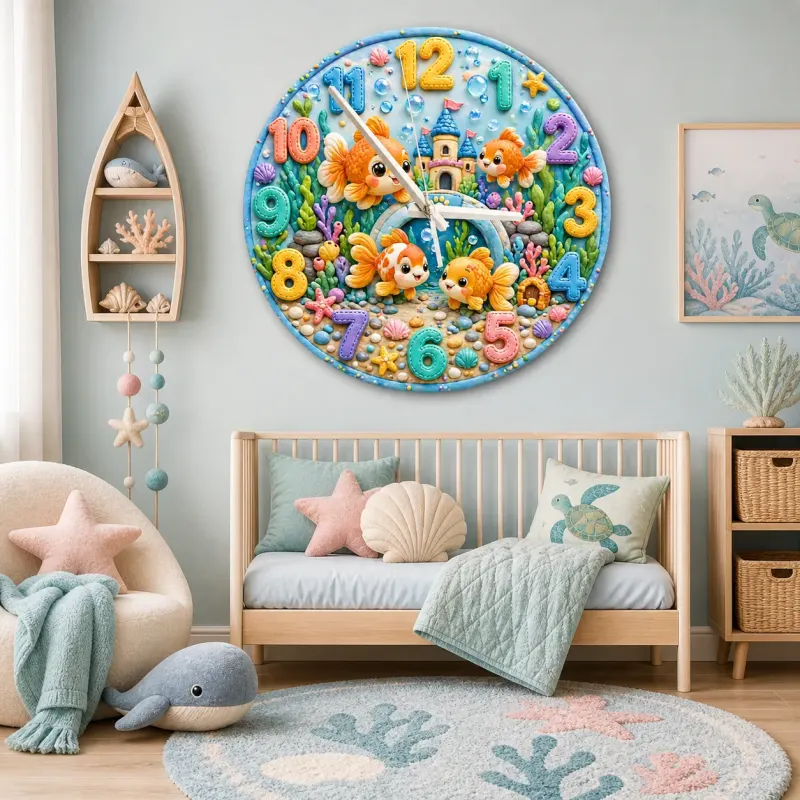 Niedliche Goldfisch-Ozean Wanduhr für Kinderzimmer | Unterwasser-Seeleben Kinderzimmer Dekor, Babyparty Geschenk für Jungen oder Mädchen (34,5 cm)