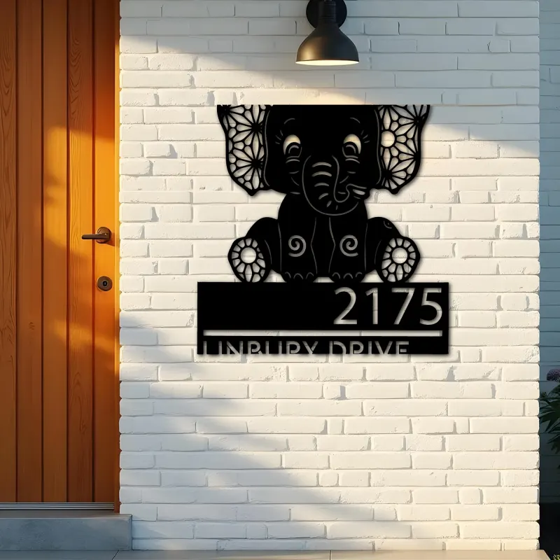 Custom Metal Cute Baby elephant Metal Address Sign, House number, Outdoor Number Signage, Yard Sign Address Plate