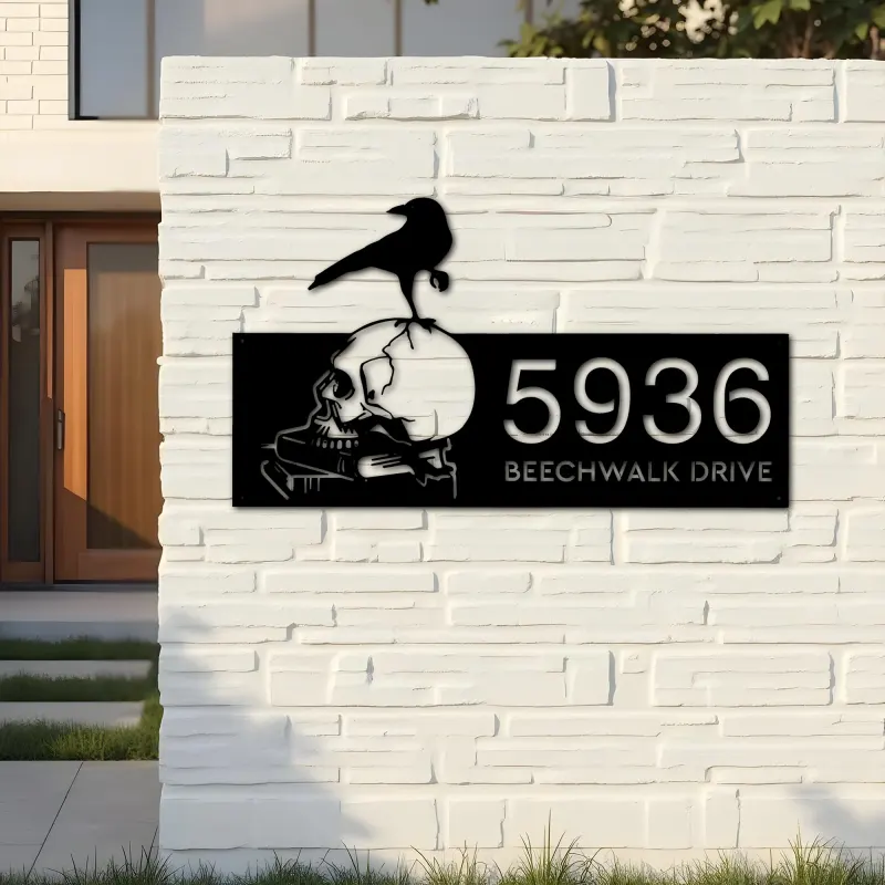 Custom Metal Raven on skull halloween Metal Address Sign, House number, Outdoor Number Signage, Yard Sign Address Plate