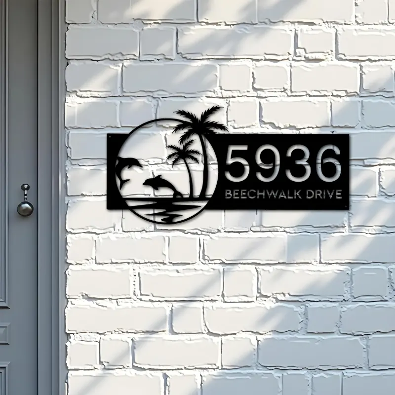 Custom Metal Dolphins Palm trees Metal Address Sign, House number, Outdoor Number Signage, Yard Sign Address Plate