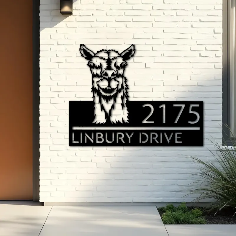 Custom Metal Peeking Llama farm animal ranch Metal Address Sign, House number, Outdoor Number Signage, Yard Sign Address Plate