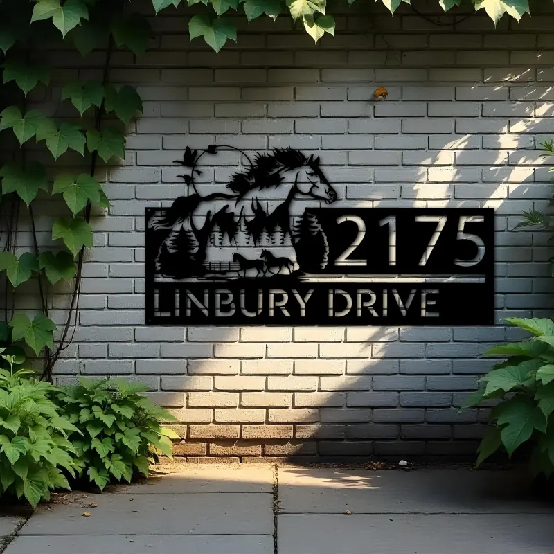 Custom Metal Running horse mountain forest scene Metal Address Sign, House number, Outdoor Number Signage, Yard Sign Address Plate
