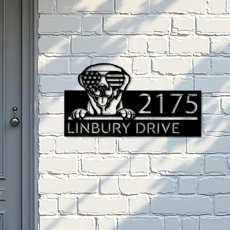 Custom Metal Labrador dog US flag glasses Metal Address Sign House number Hanging Address Plaque Yard Sign Outdoor decor