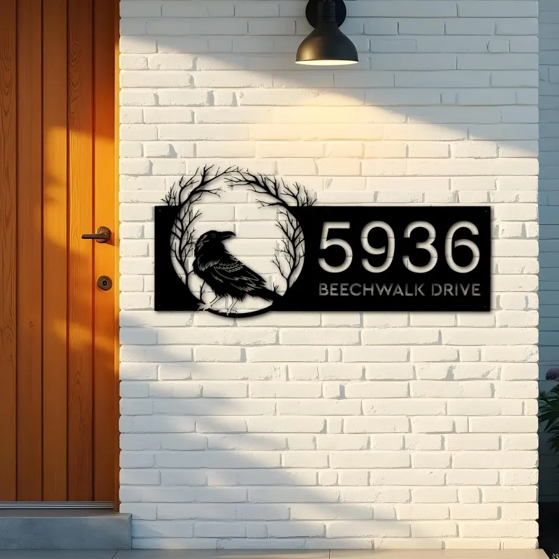 Custom Metal Raven Crow Halloween Wreath Metal Address Sign, House number, Outdoor Number Signage, Yard Sign Address Plate