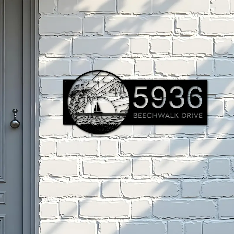 Custom Metal Island sea scene coconut tree Metal Address Sign, House number, Outdoor Number Signage, Yard Sign Address Plate