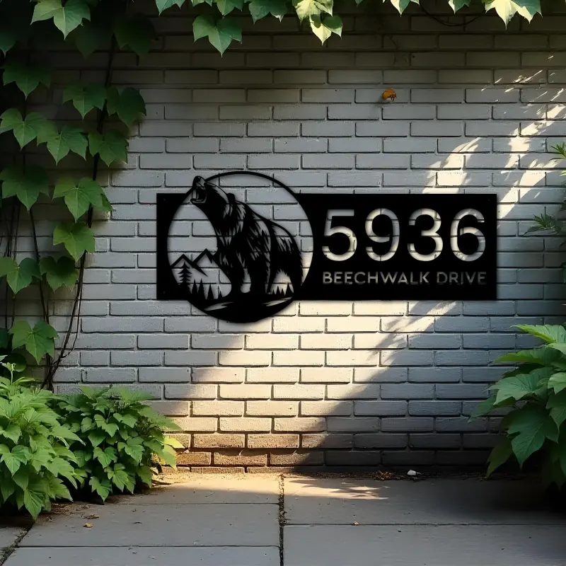 Custom Metal Grizzly bear Metal Address Sign, House number, Outdoor Number Signage, Yard Sign Address Plate002