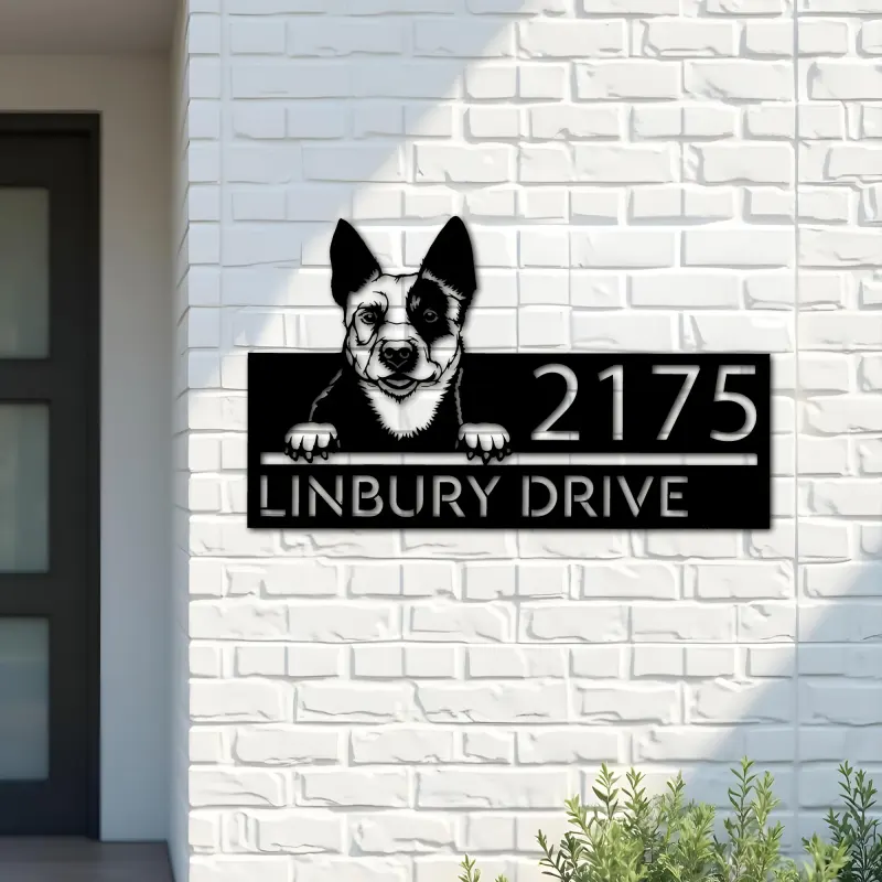 Custom Metal Australian Cattle dog Puppy Metal Address Sign House number Hanging Address Plaque Yard Sign Outdoor decor