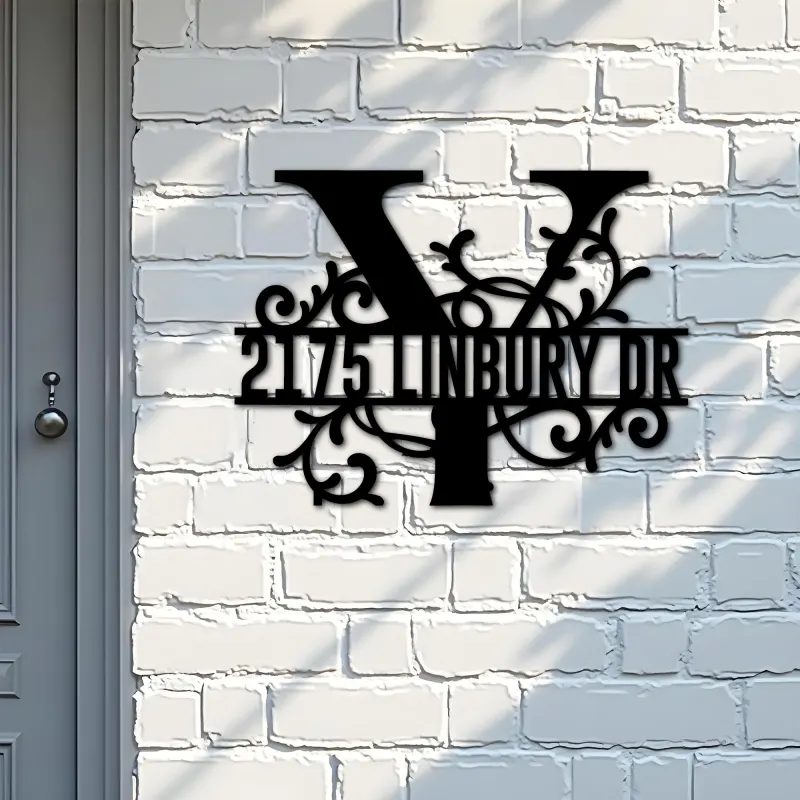 Custom Metal Floral Monogram Split Letter Y Metal Address Sign House number Hanging Address Plaque Yard Sign Outdoor decor
