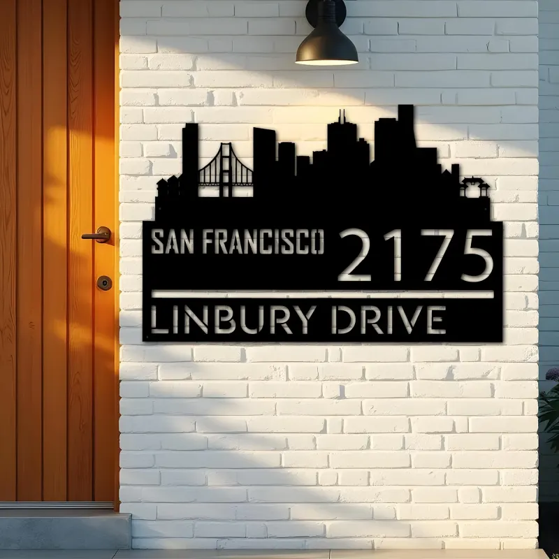 Custom Metal San Francisco city skyline Metal Address Sign Hanging Address Plaque house number Yard Outdoor Sign