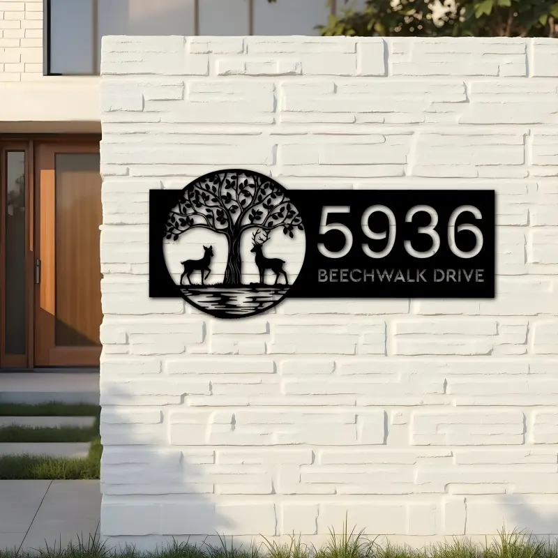 Custom Metal Leafy Tree and Couple Deer Metal Address Sign, House number, Outdoor Number Signage, Yard Sign Address Plate