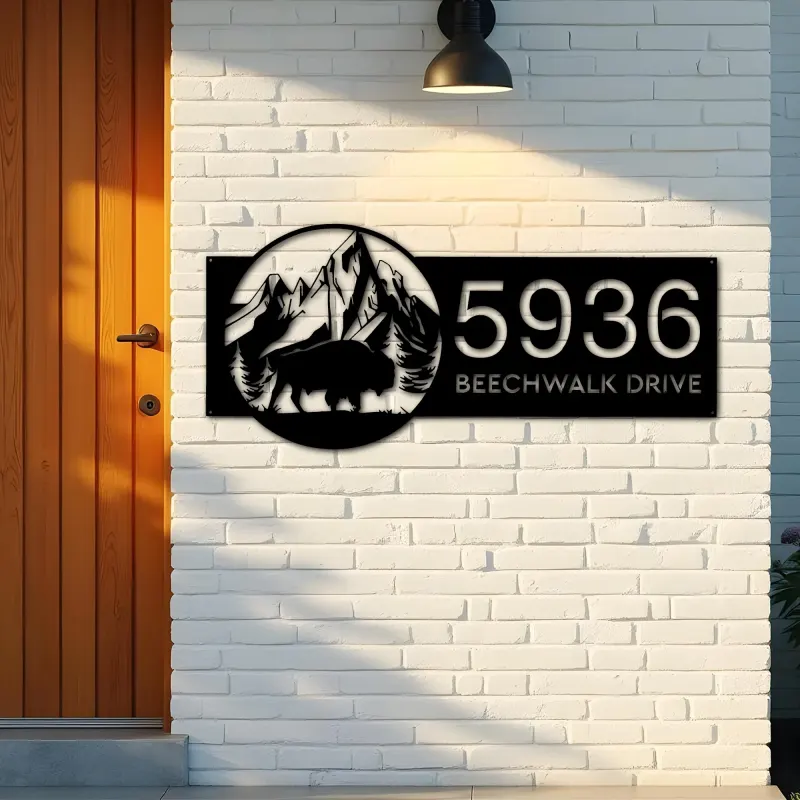 Custom Metal Bison buffalo on mountain Metal Address Sign, House number, Outdoor Number Signage, Yard Sign Address Plate