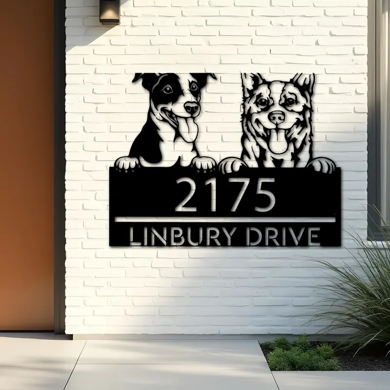 Custom Metal Red heeler and Jack russel terrier Metal Address Sign, House number, Outdoor Number Signage, Yard Sign Address Plate