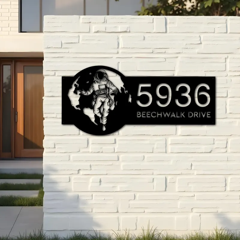 Custom Metal Astronaut on globe spaceman adventure Address Sign House number Hanging Address Plaque Yard Sign Outdoor Sign