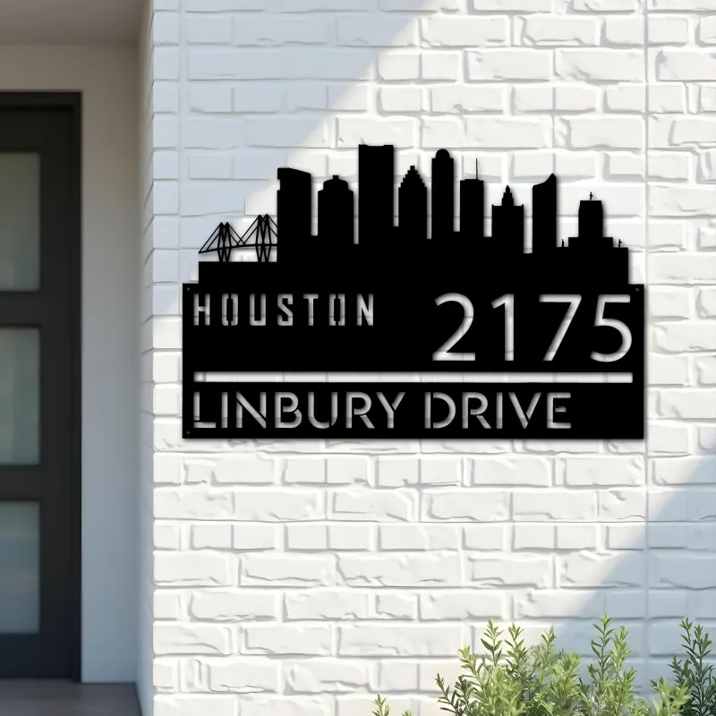 Custom Metal Houston city skyline Metal Address Sign Hanging Address Plaque house number Yard Outdoor Sign