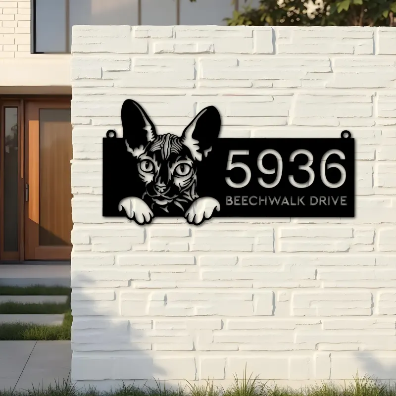 Custom Metal Sphynx Cute peeking cat kitten Metal Address Sign, House number, Outdoor Number Signage, Yard Sign Address Plate