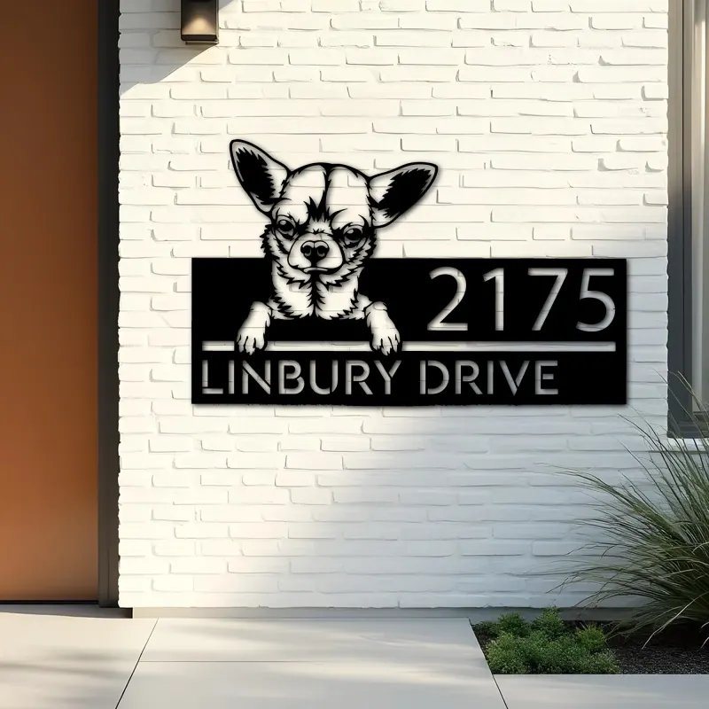 Custom Metal Chihuahua dog Puppy Metal Address Sign House number Hanging Address Plaque Yard Sign Outdoor decor