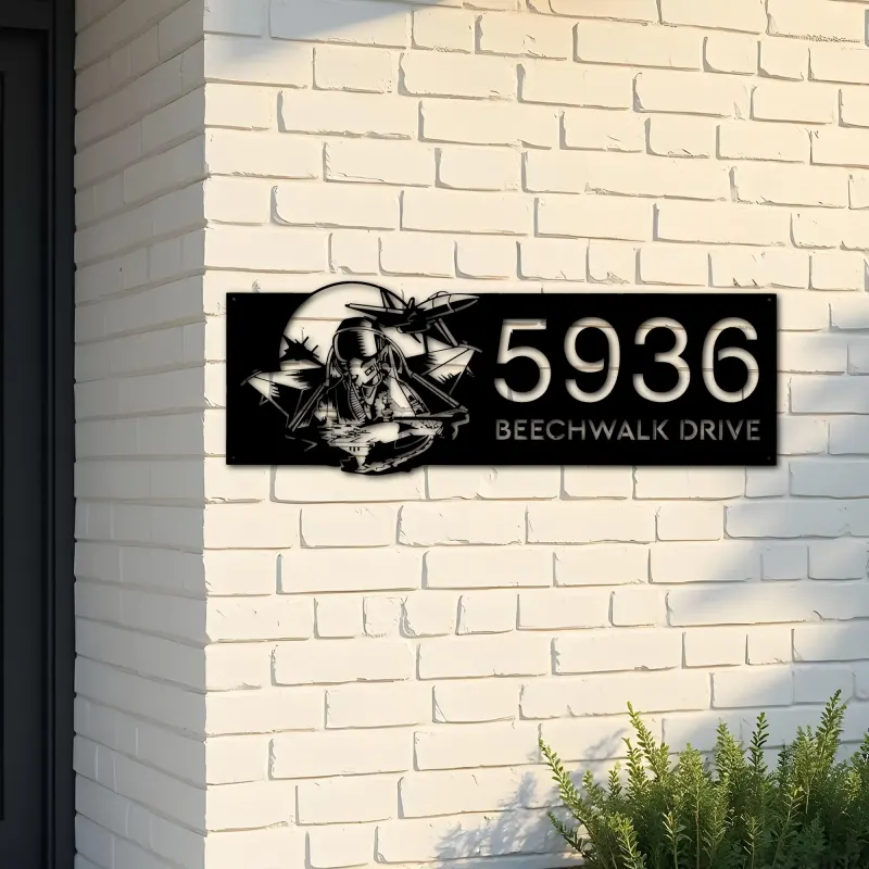 Custom Metal Fighter Pilot Aircraft Carrier Metal Address Sign House number Hanging Address Plaque Yard Sign Outdoor