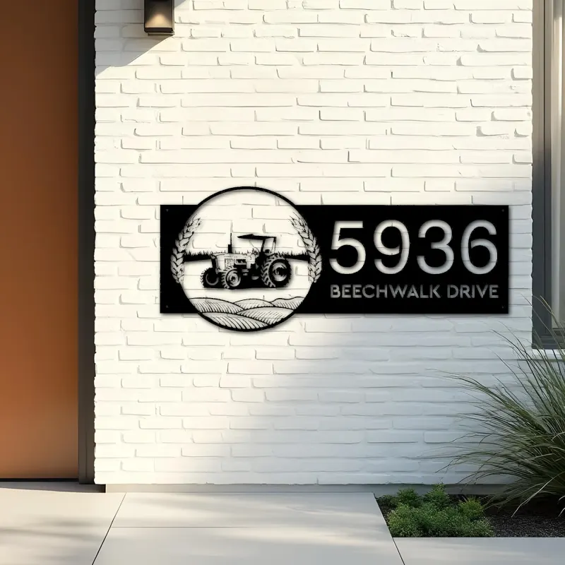 Custom Metal Tractor on farm field Metal Address Sign, House number, Outdoor Number Signage, Yard Sign Address Plate