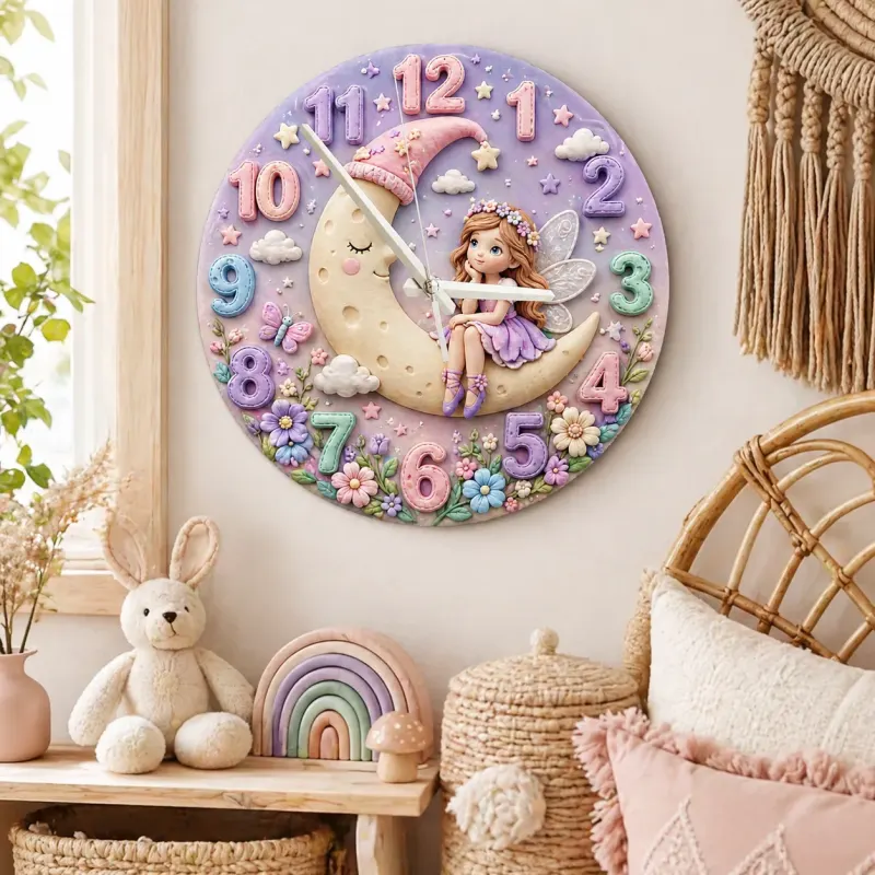 Magical Fairy on Moon Kids Room Wall Clock
