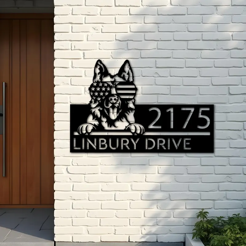 Custom Metal German Shepherd dog US flag glasses Metal Address Sign House number Hanging Address Plaque Yard Sign Outdoor decor