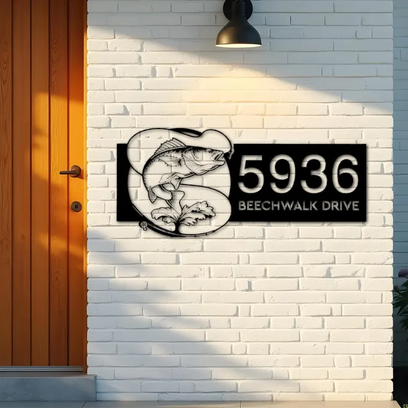 Custom Metal Walleye fishing rod bait hook Metal Address Sign, House number, Outdoor Number Signage, Yard Sign Address Plate