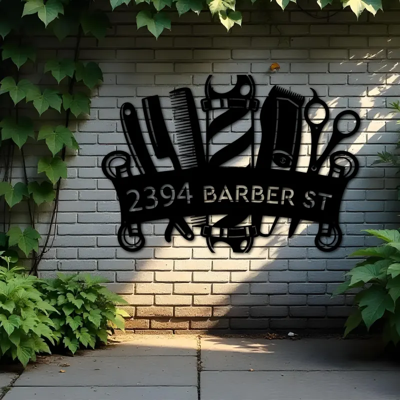 Custom Metal Barbershop Hair Stylist Barber Metal Address Sign, House number, Outdoor Number Signage, Yard Sign Address Plate
