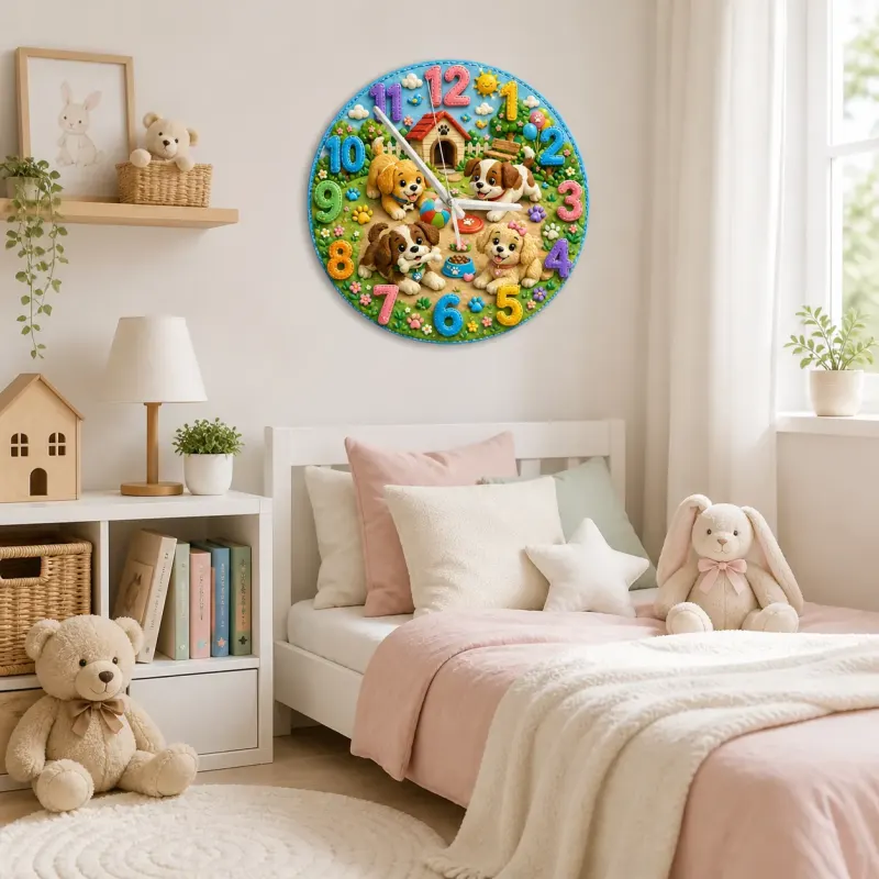 Verspielte Welpen Wanduhr für Kinderzimmer | Niedliche Tier-Nursery Dekoration, Geschenk zur Babyparty oder zum Geburtstag für Jungen und Mädchen (34,5 cm)