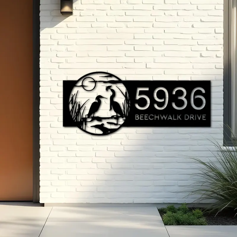 Custom Metal Heron Couple on Lake Metal Address Sign Custom House number Hanging Address Plaque Yard Sign Outdoor
