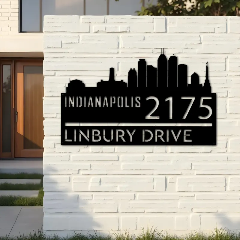 Custom Metal Indianapolis city skyline Metal Address Sign Hanging Address Plaque house number Yard Outdoor Sign