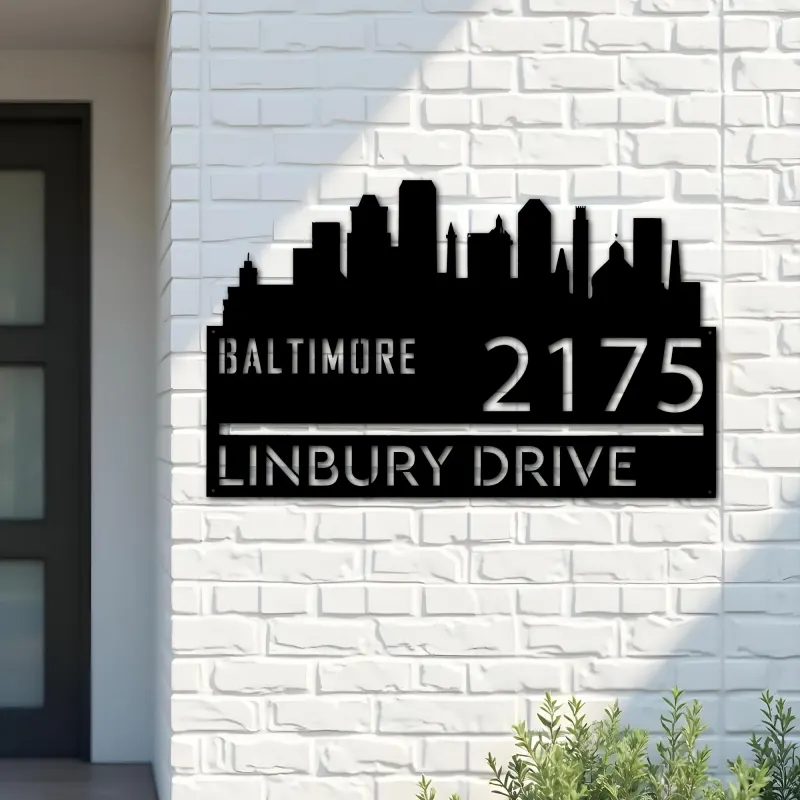 Custom Metal Baltimore city skyline Metal Address Sign Hanging Address Plaque house number Yard Outdoor Sign