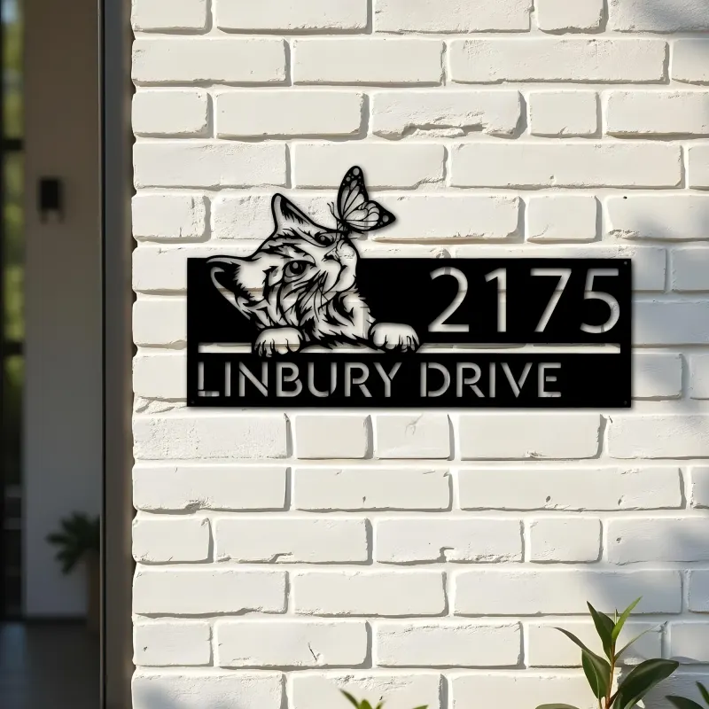 Custom Metal Cat Curious Kitten with butterfly Metal Address Sign, House number, Outdoor Number Signage, Yard Sign Address Plate